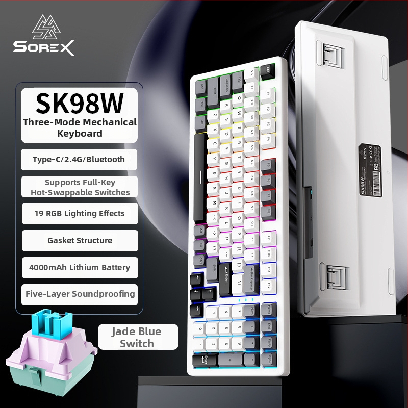 SOREX SK98W mechanická klávesnica, kompaktná s 87 klávesami, zelené spínače, RGB podsvietenie, trojmodálna konektivita (Bluetooth, USB-C káblová, 2,4G bezdrôtová), podpora prispôsobenia