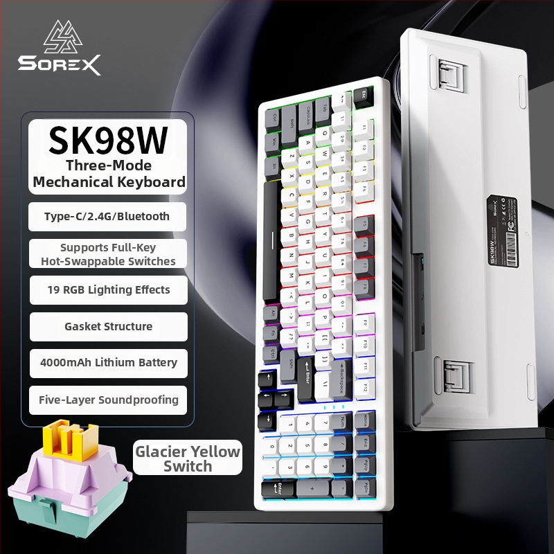 SOREX SK98W mechanická klávesnica, kompaktná s 87 klávesami, zelené spínače, RGB podsvietenie, trojmodálna konektivita (Bluetooth, USB-C káblová, 2,4G bezdrôtová), podpora prispôsobenia