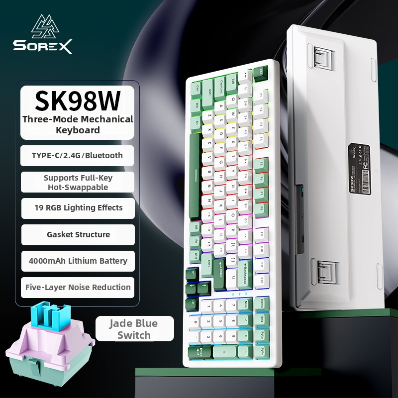 SOREX SK98W mechanická klávesnica, kompaktná s 87 klávesami, zelené spínače, RGB podsvietenie, trojmodálna konektivita (Bluetooth, USB-C káblová, 2,4G bezdrôtová), podpora prispôsobenia