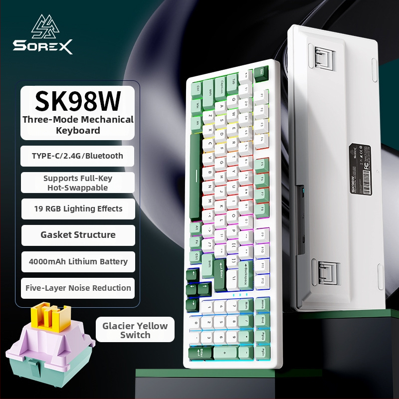 SOREX SK98W mechanická klávesnica, kompaktná s 87 klávesami, zelené spínače, RGB podsvietenie, trojmodálna konektivita (Bluetooth, USB-C káblová, 2,4G bezdrôtová), podpora prispôsobenia