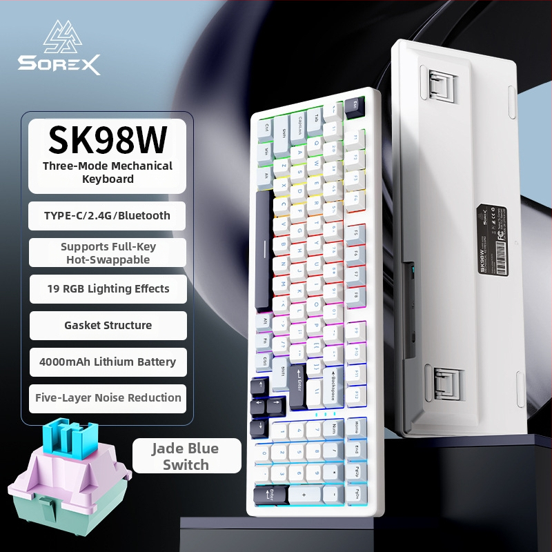 SOREX SK98W mechanická klávesnica, kompaktná s 87 klávesami, zelené spínače, RGB podsvietenie, trojmodálna konektivita (Bluetooth, USB-C káblová, 2,4G bezdrôtová), podpora prispôsobenia