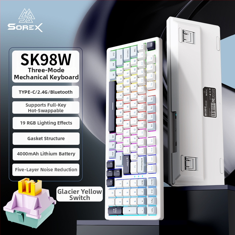 SOREX SK98W mechanická klávesnica, kompaktná s 87 klávesami, zelené spínače, RGB podsvietenie, trojmodálna konektivita (Bluetooth, USB-C káblová, 2,4G bezdrôtová), podpora prispôsobenia