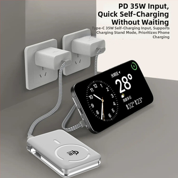 Power Bank ar solid-state bateriju, iebūvētu statīvu un magnētisku bezvadu uzlādi 25W, Qi2.2 protokols, maksimālā izeja 35W