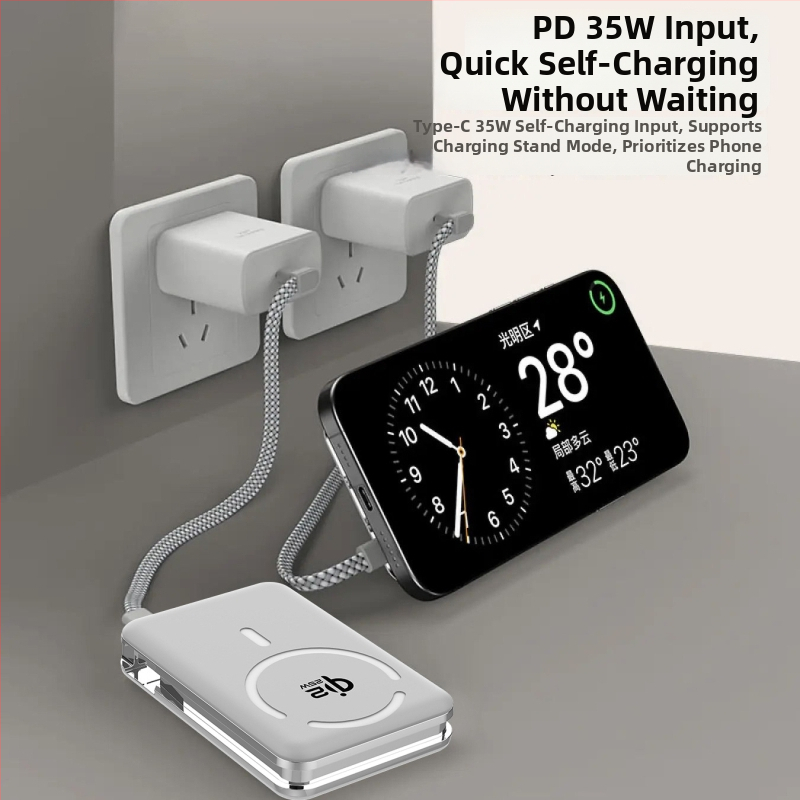 Power Bank ar solid-state bateriju, iebūvētu statīvu un magnētisku bezvadu uzlādi 25W, Qi2.2 protokols, maksimālā izeja 35W
