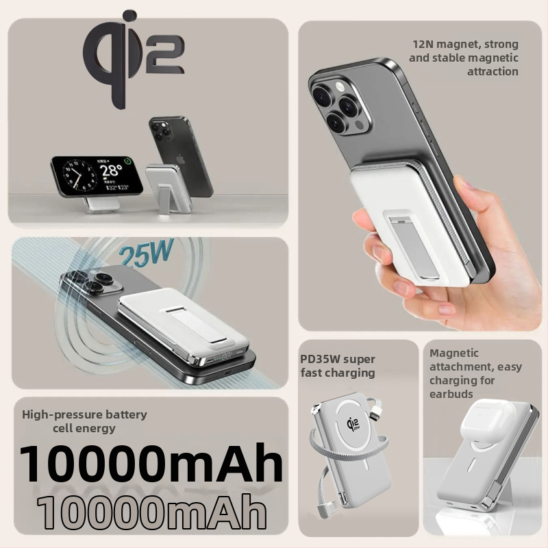 Power Bank ar solid-state bateriju, iebūvētu statīvu un magnētisku bezvadu uzlādi 25W, Qi2.2 protokols, maksimālā izeja 35W