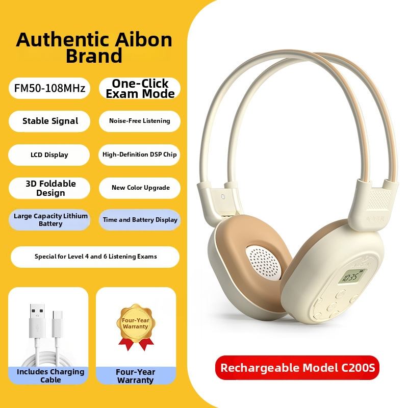 C-200A Juhtmevabad FM kõrvaklapid ülikooli inglise CET-4/6 eksamite jaoks, sagedusvahemik 50–108 Hz, takistus 32 Ω, tundlikkus 108 dB/mW, 3,5 mm pistik
