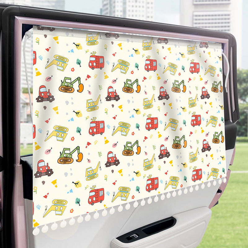 Детски автомобилен сенник за прозореца с поверителна завеса, монтаж с присоска, карикатурен мотив, пасторален стил