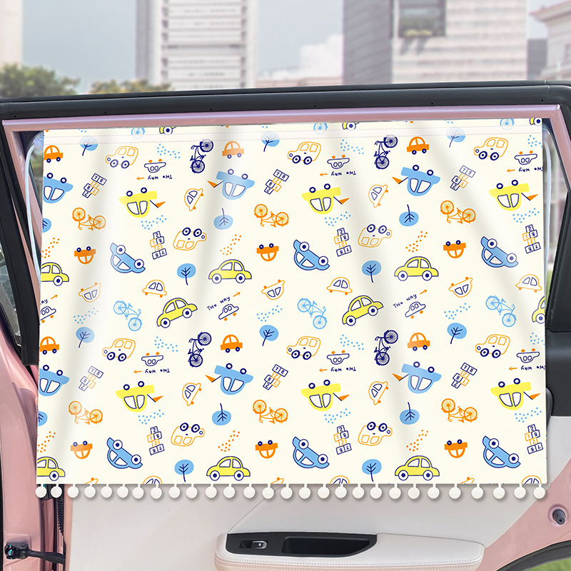 Детски автомобилен сенник за прозореца с поверителна завеса, монтаж с присоска, карикатурен мотив, пасторален стил