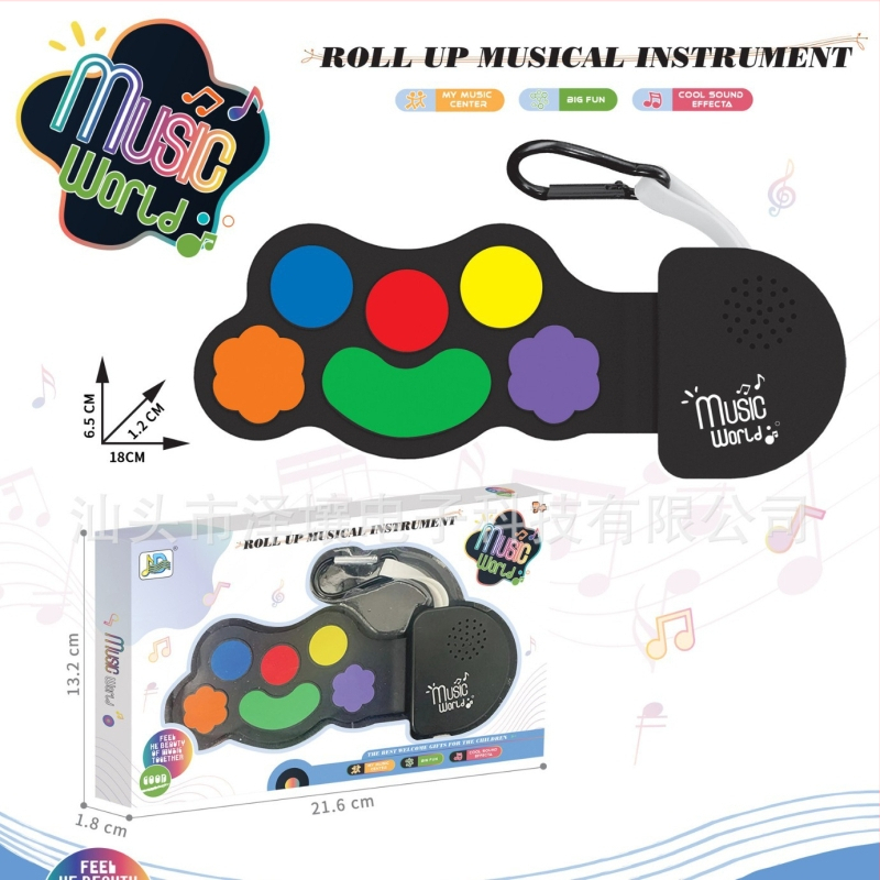 12-taustiņu elektroniskā klaviatūra, silikona korpuss, 16 skaņu polifonija, mazāk nekā 100 toņi, līdz 10 demonstrācijas dziesmām.