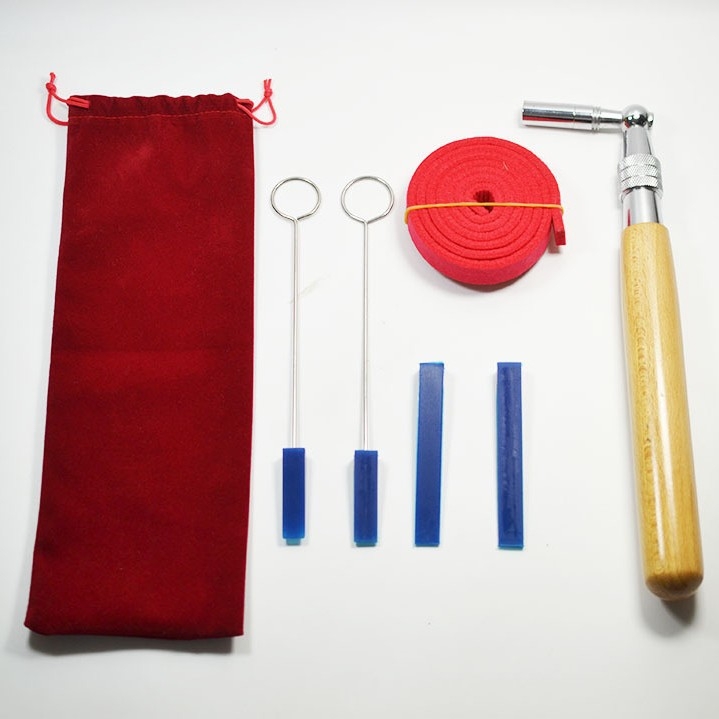 Zongora hangoló eszközök készlet, 6 darabos készlet, tartalmaz kézi hangoló eszközt, bőrös villa az elnýomításhoz, elnémító rúd, elnémító szalag