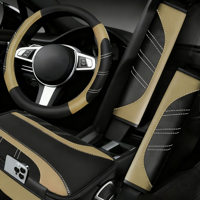 Σετ καλύμματος τιμονιού, δερμάτινο, ριγέ μοτίβο, χειροποίητη ραφή, καθολική εγκατάσταση