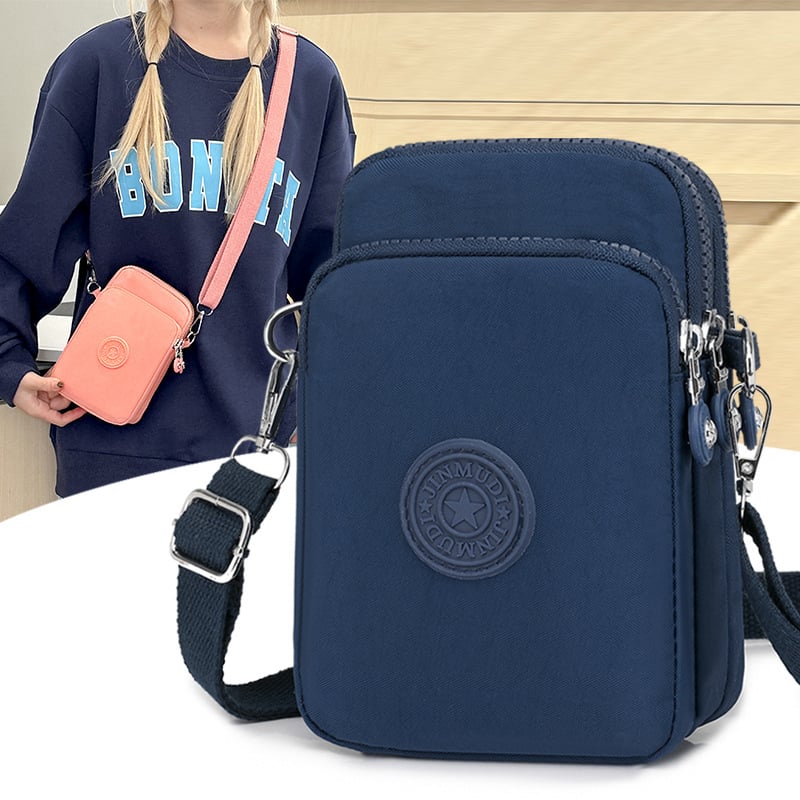 Ženska nylon torbica za telefon, crossbody stil, vertikalni kvadratni oblik, zatvarač, unutarnji džep s zatvaračem