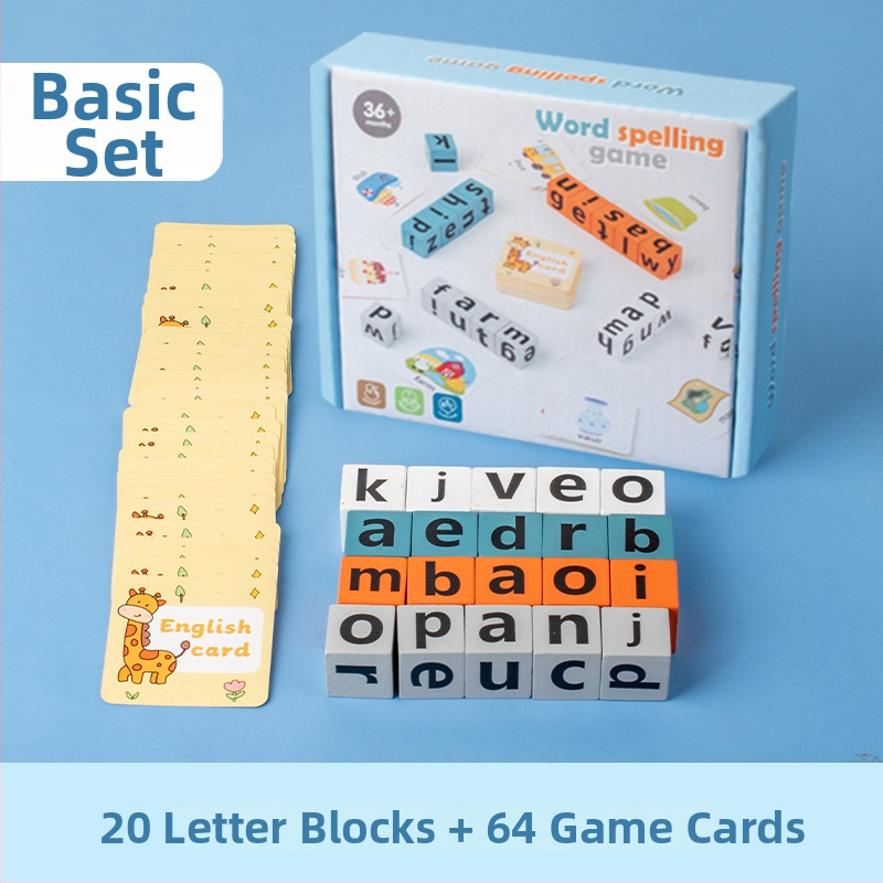 Švietimo medinės kaladėlės žaidimas žodžių dėliojimui vaikams 4–6 metų, iš klevų medienos, 0–38 dalys, spalvota pakuotė