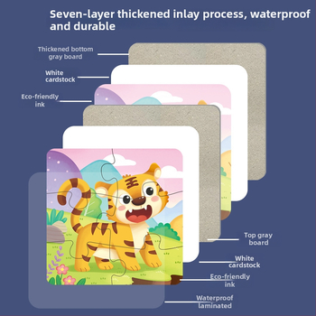 Пъзел карти: 5-10 карти с животни, динозаври и строителни машини; хартия; за деца 0-3 г.; цветна кутия.