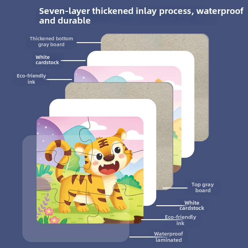 Puzles kortelės: 5-10 kortelių su gyvūnais, dinozaurais ir statybiniais automobiliais; popierius; vaikams nuo 0 iki 3 metų; spalvota dėžutė.