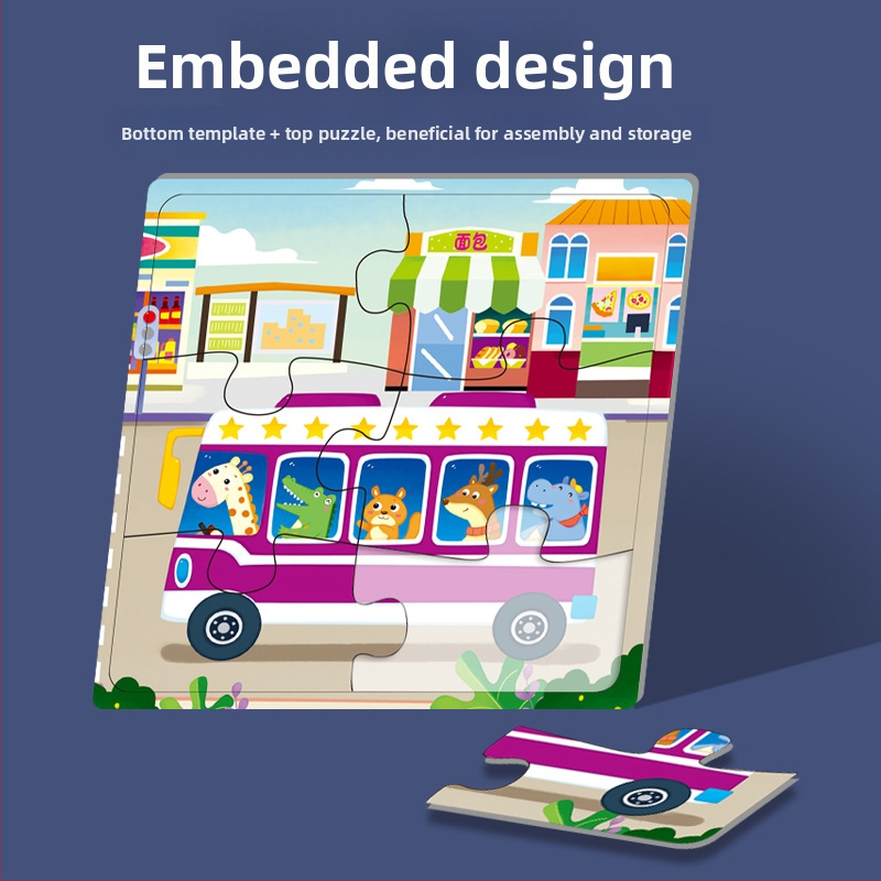 Puzles kortelės: 5-10 kortelių su gyvūnais, dinozaurais ir statybiniais automobiliais; popierius; vaikams nuo 0 iki 3 metų; spalvota dėžutė.