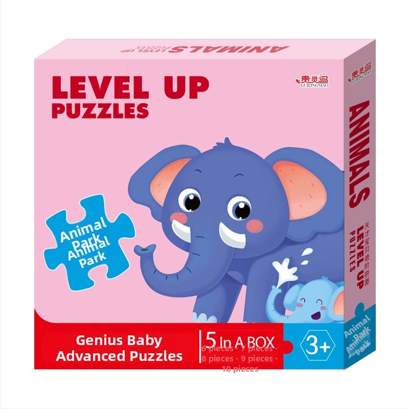 Пъзел карти: 5-10 карти с животни, динозаври и строителни машини; хартия; за деца 0-3 г.; цветна кутия.