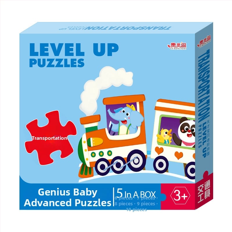 Пъзел карти: 5-10 карти с животни, динозаври и строителни машини; хартия; за деца 0-3 г.; цветна кутия.