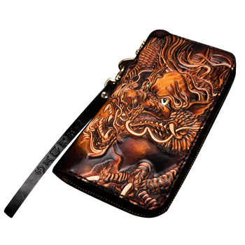 Naudas maks no īstas ādas, roku gravēts ādas raksts ar dzīvnieku motīvu, pirmās kārtas liellopu āda, Naughty Craftsman