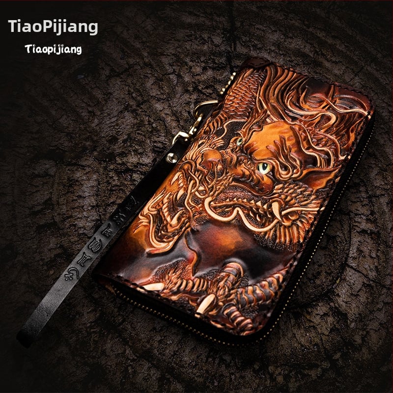 Naudas maks no īstas ādas, roku gravēts ādas raksts ar dzīvnieku motīvu, pirmās kārtas liellopu āda, Naughty Craftsman