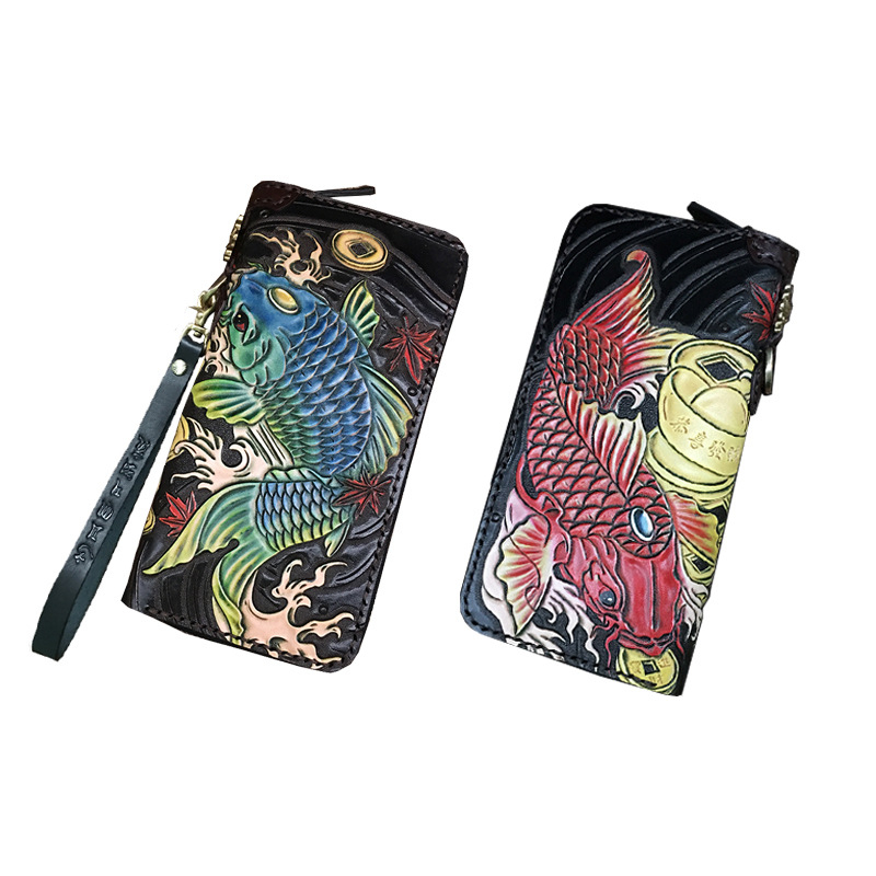 Naudas maks no īstas ādas, roku gravēts ādas raksts ar dzīvnieku motīvu, pirmās kārtas liellopu āda, Naughty Craftsman