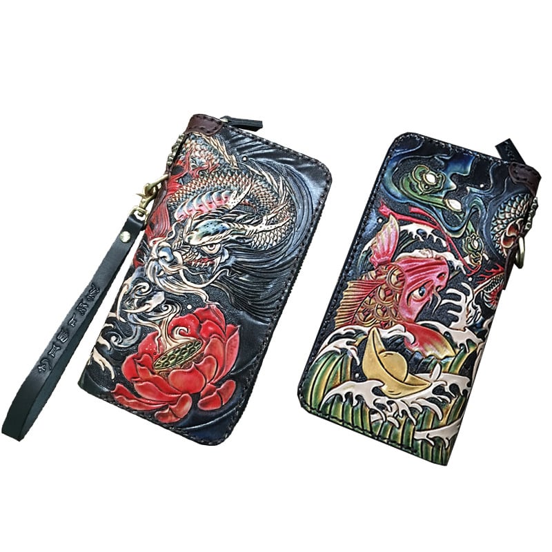 Naudas maks no īstas ādas, roku gravēts ādas raksts ar dzīvnieku motīvu, pirmās kārtas liellopu āda, Naughty Craftsman