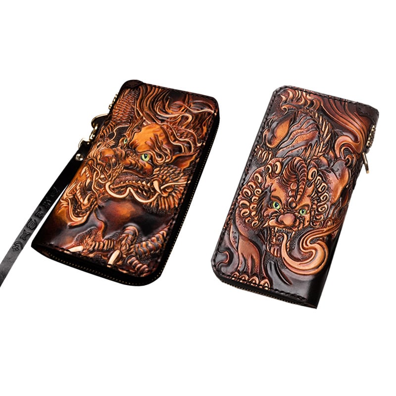 Naudas maks no īstas ādas, roku gravēts ādas raksts ar dzīvnieku motīvu, pirmās kārtas liellopu āda, Naughty Craftsman