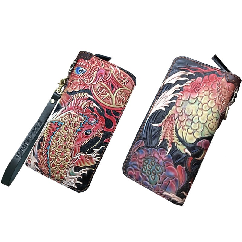 Naudas maks no īstas ādas, roku gravēts ādas raksts ar dzīvnieku motīvu, pirmās kārtas liellopu āda, Naughty Craftsman