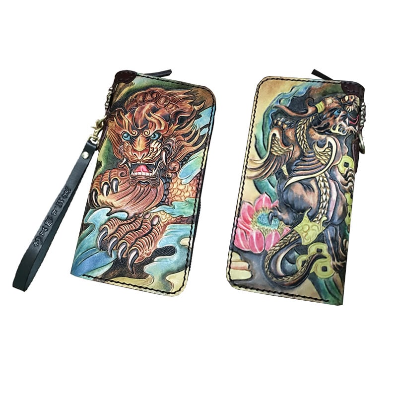 Naudas maks no īstas ādas, roku gravēts ādas raksts ar dzīvnieku motīvu, pirmās kārtas liellopu āda, Naughty Craftsman