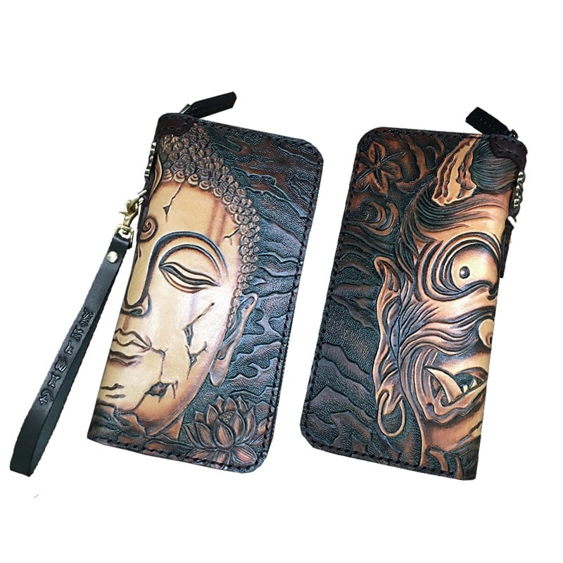 Naudas maks no īstas ādas, roku gravēts ādas raksts ar dzīvnieku motīvu, pirmās kārtas liellopu āda, Naughty Craftsman