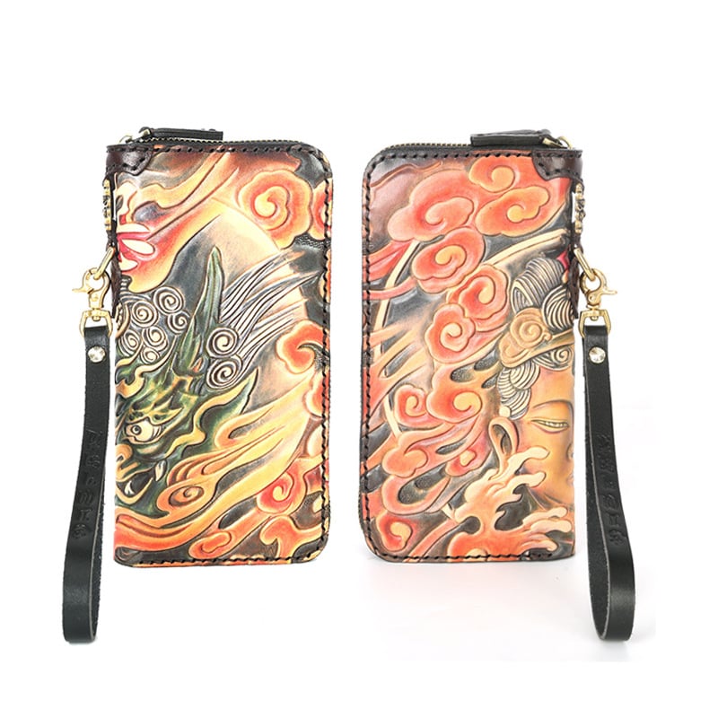 Naudas maks no īstas ādas, roku gravēts ādas raksts ar dzīvnieku motīvu, pirmās kārtas liellopu āda, Naughty Craftsman