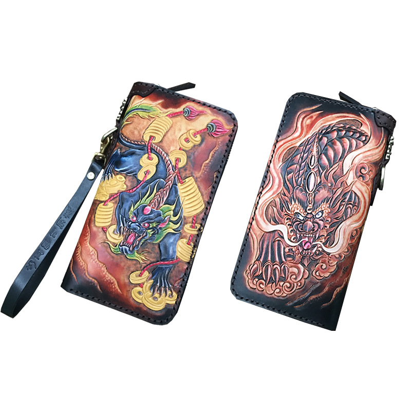 Naudas maks no īstas ādas, roku gravēts ādas raksts ar dzīvnieku motīvu, pirmās kārtas liellopu āda, Naughty Craftsman