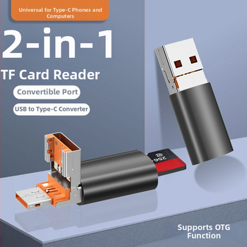 Двоен четец за карти USB 2.0; TF карта поддръжка; метален корпус; за мобилни устройства и компютри