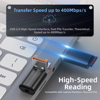 Двоен четец за карти USB 2.0; TF карта поддръжка; метален корпус; за мобилни устройства и компютри