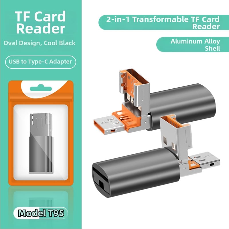 Двоен четец за карти USB 2.0; TF карта поддръжка; метален корпус; за мобилни устройства и компютри