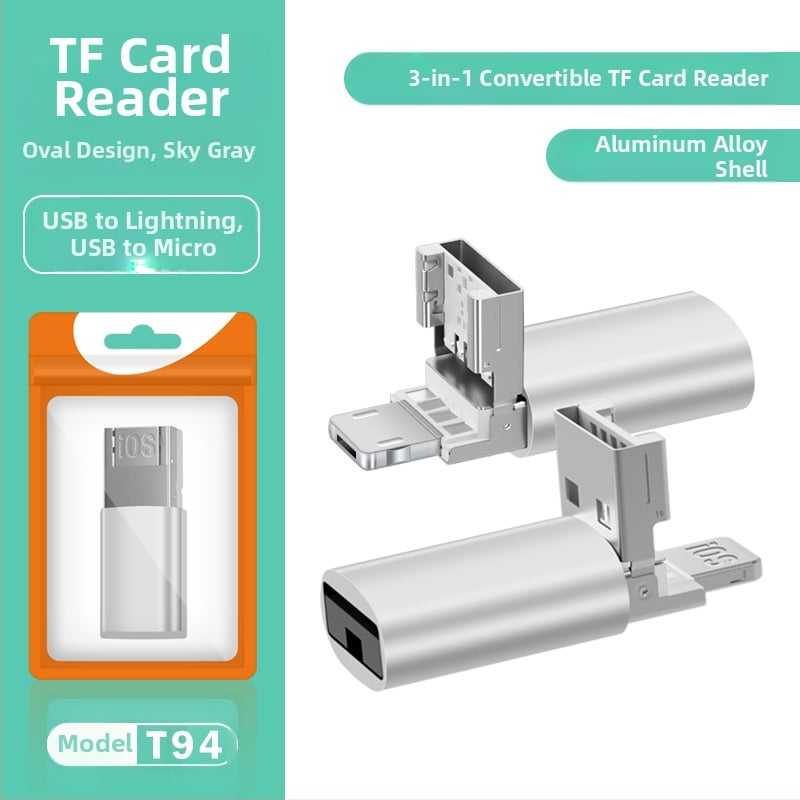 Двоен четец за карти USB 2.0; TF карта поддръжка; метален корпус; за мобилни устройства и компютри