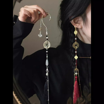 Σκουλαρίκια χωρίς τρύπα με μακριές φούντες, μέταλλο, νέο κινεζικό στυλ, ηλεκτροπλατίωση, ατομικά συσκευασμένα, Καλοκαίρι 2025