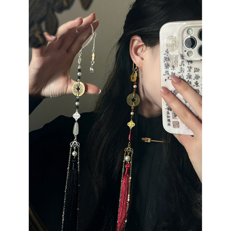 Σκουλαρίκια χωρίς τρύπα με μακριές φούντες, μέταλλο, νέο κινεζικό στυλ, ηλεκτροπλατίωση, ατομικά συσκευασμένα, Καλοκαίρι 2025