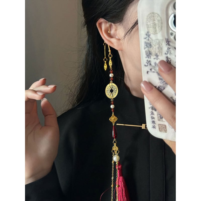 Σκουλαρίκια χωρίς τρύπα με μακριές φούντες, μέταλλο, νέο κινεζικό στυλ, ηλεκτροπλατίωση, ατομικά συσκευασμένα, Καλοκαίρι 2025