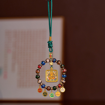 Ručno izrađeni stakleni auto privjesak s pet bogova bogatstva, Thangka s pozlaćenim privjeskom, tibetanski vintage stil