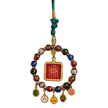 Ručno izrađeni stakleni auto privjesak s pet bogova bogatstva, Thangka s pozlaćenim privjeskom, tibetanski vintage stil
