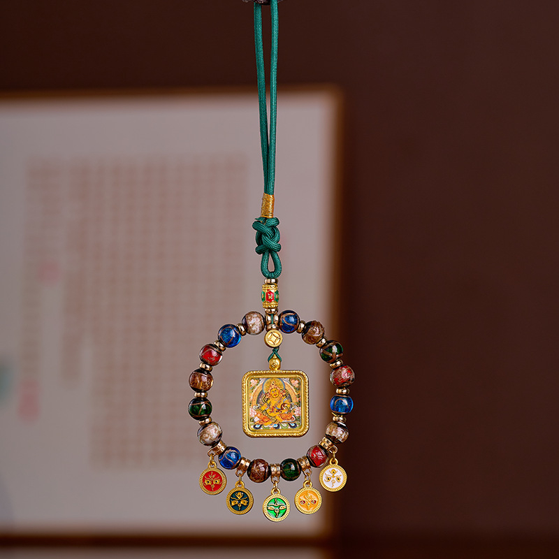Ručno izrađeni stakleni auto privjesak s pet bogova bogatstva, Thangka s pozlaćenim privjeskom, tibetanski vintage stil