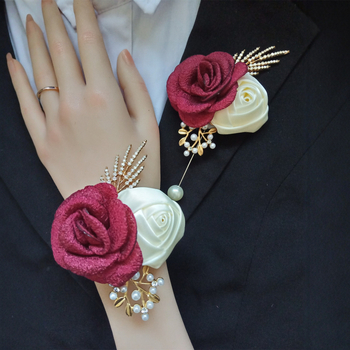 Corsage és csuklódísz virágszett – kézzel készített, szövet anyagú rózsa és kamélia, elegáns uniszex, modell Xh925, 2025 ősz