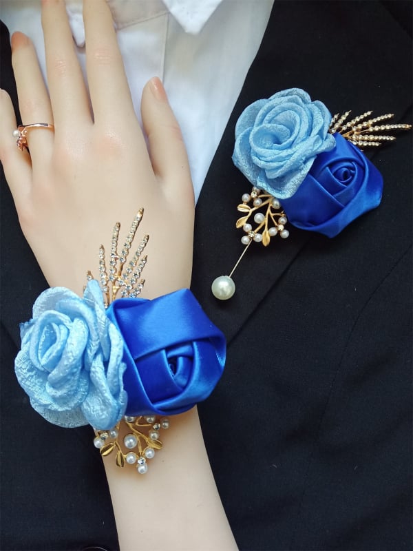 Corsage és csuklódísz virágszett – kézzel készített, szövet anyagú rózsa és kamélia, elegáns uniszex, modell Xh925, 2025 ősz