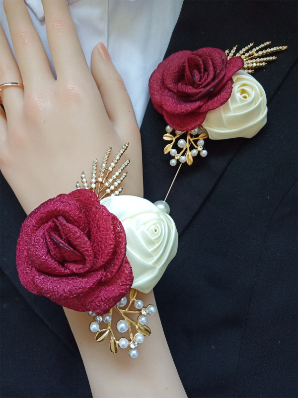 Corsage és csuklódísz virágszett – kézzel készített, szövet anyagú rózsa és kamélia, elegáns uniszex, modell Xh925, 2025 ősz