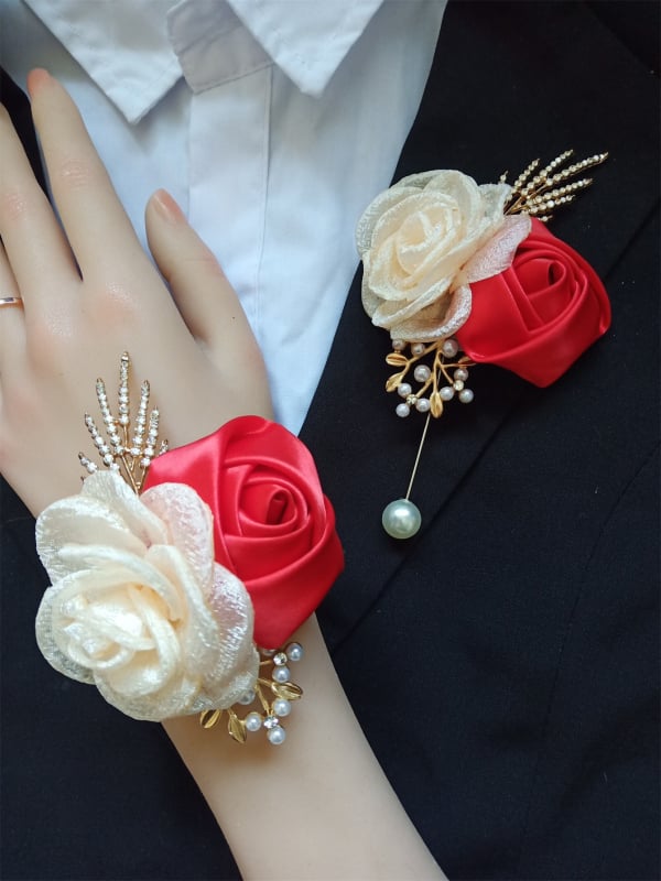 Corsage és csuklódísz virágszett – kézzel készített, szövet anyagú rózsa és kamélia, elegáns uniszex, modell Xh925, 2025 ősz