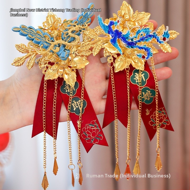 Pāris kāzu corsage ar pūķa un feniksa motīvu, līgavas un līgavainim brošas, pilns ķīniešu stila komplekts