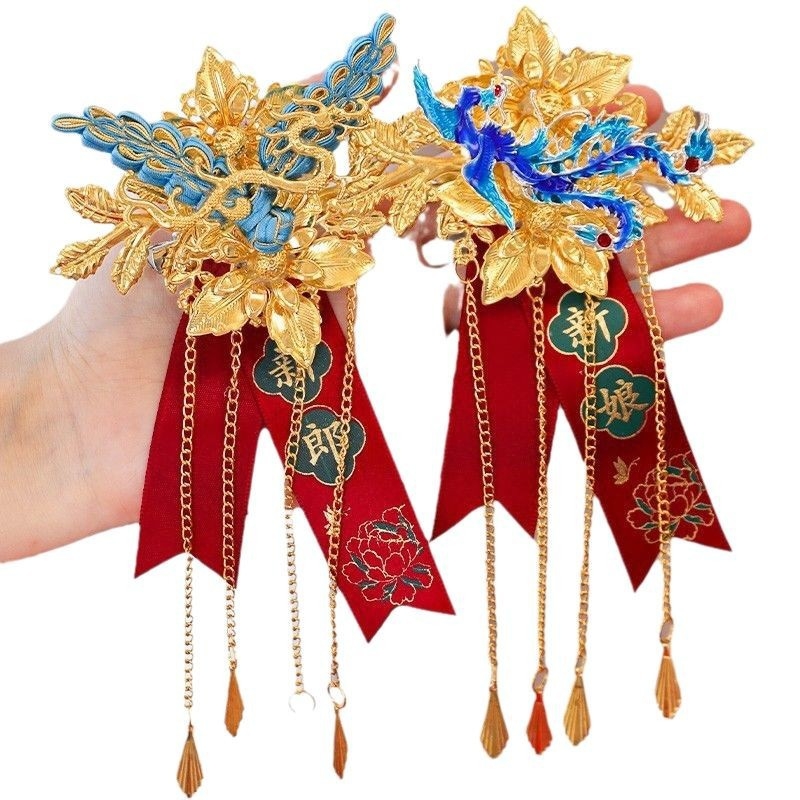 Esküvői corsage pár sárkány és főnix motívummal, vőlegény és menyasszony számára, kínai stílusú teljes készlet