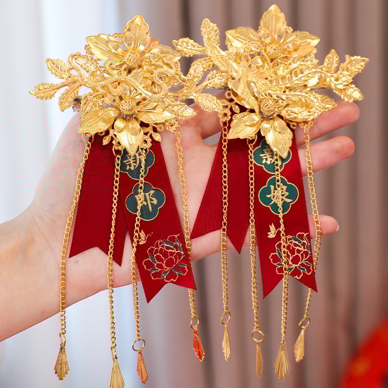 Esküvői corsage pár sárkány és főnix motívummal, vőlegény és menyasszony számára, kínai stílusú teljes készlet