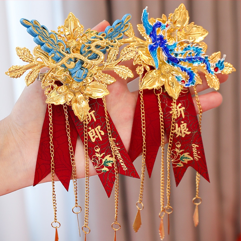 Pora vestuvinių corsage su drakono ir fenikso motyvais, jaunikiui ir nuotakai, kiniško stiliaus pilnas komplektas